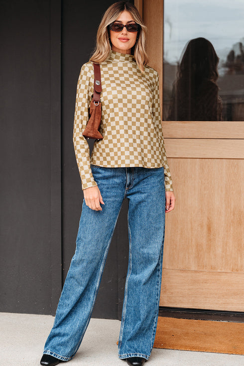 Ribbed Check Print Turtleneck Long Sleeve Slim Fit Top