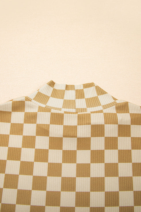 Ribbed Check Print Turtleneck Long Sleeve Slim Fit Top