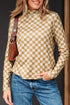 Ribbed Check Print Turtleneck Long Sleeve Slim Fit Top