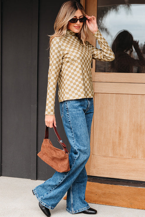 Ribbed Check Print Turtleneck Long Sleeve Slim Fit Top