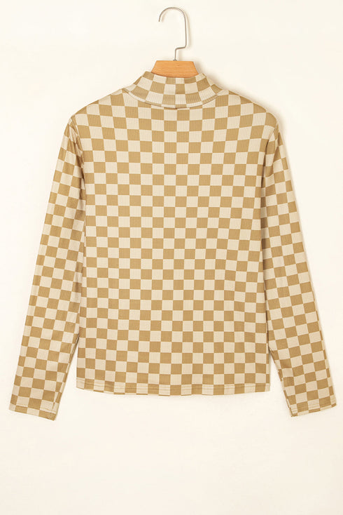 Ribbed Check Print Turtleneck Long Sleeve Slim Fit Top