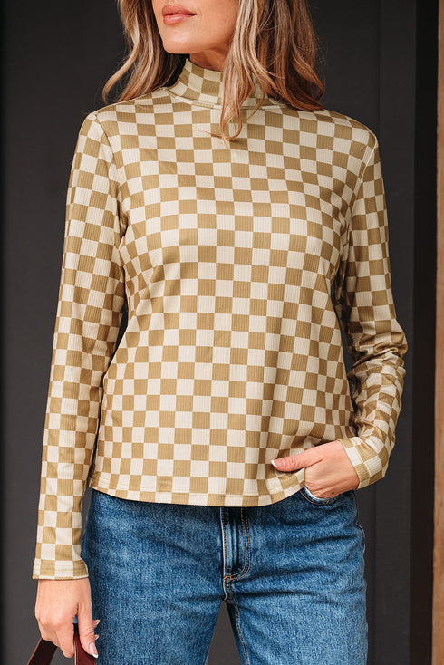 Ribbed Check Print Turtleneck Long Sleeve Slim Fit Top