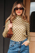 Ribbed Check Print Turtleneck Long Sleeve Slim Fit Top
