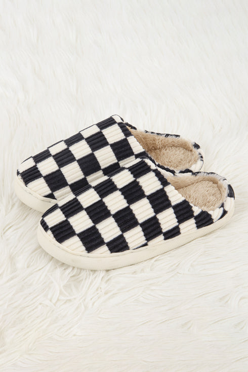 Ribbed Checkered Print Plush Lined Slip On Slippers