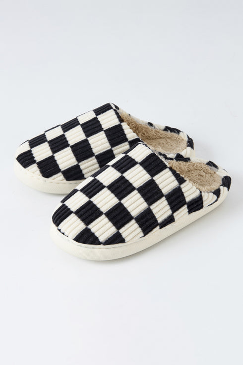 Ribbed Checkered Print Plush Lined Slip On Slippers
