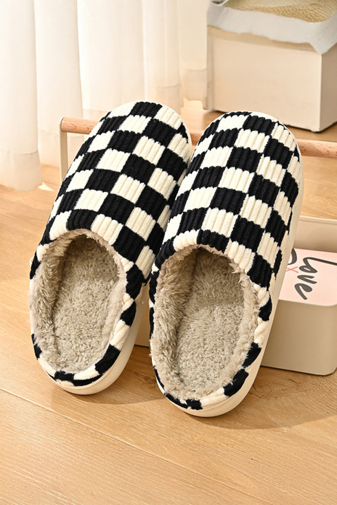 Ribbed Checkered Print Plush Lined Slip On Slippers