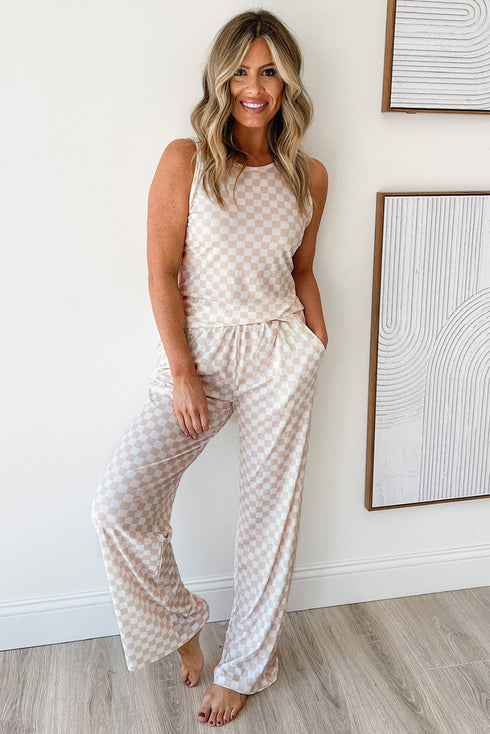 Ribbed Checkered Print Wide Leg Tank Pant Set