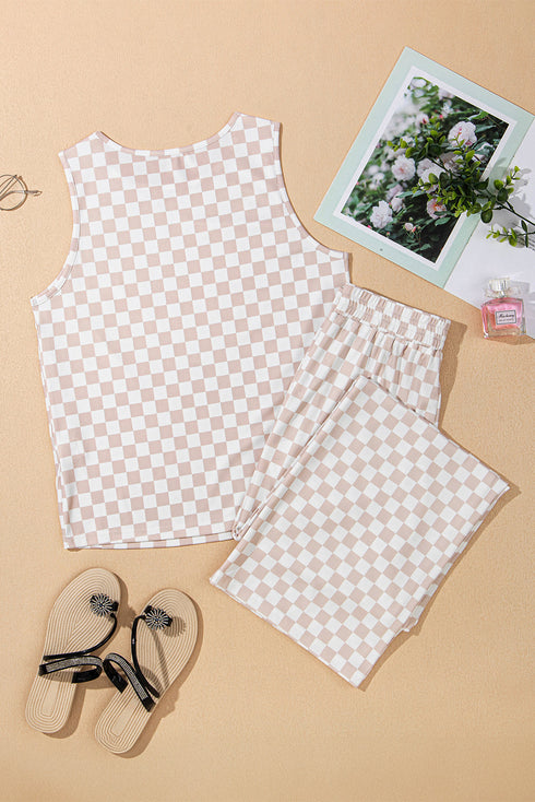 Ribbed Checkered Print Wide Leg Tank Pant Set