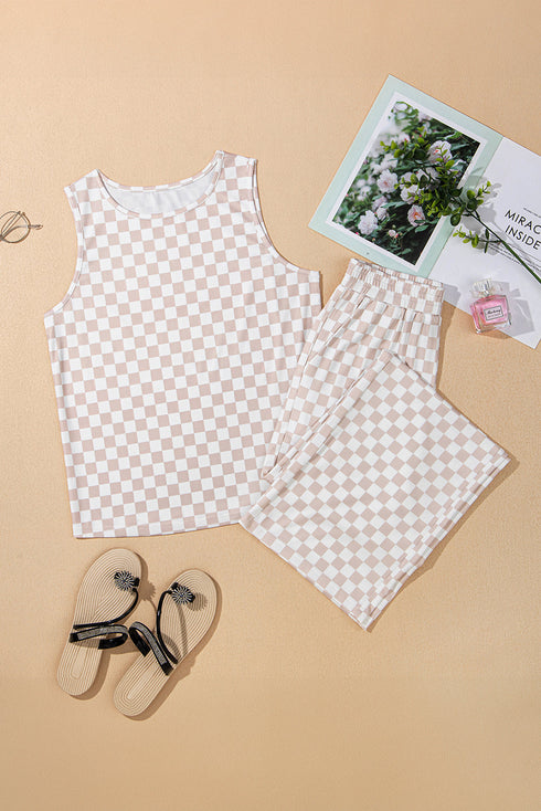 Ribbed Checkered Print Wide Leg Tank Pant Set