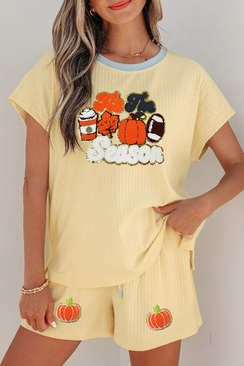 Ribbed Chenille Pumpkin Patchwork Graphic Three Piece Short Set