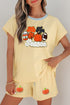 Ribbed Chenille Pumpkin Patchwork Graphic Three Piece Short Set