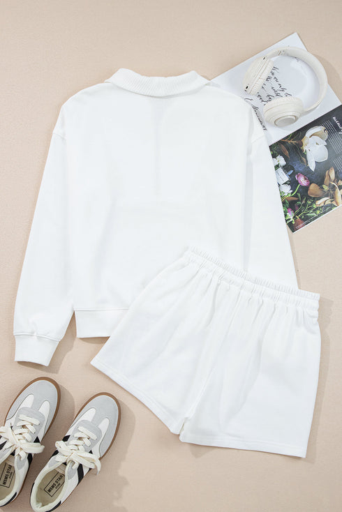 Ribbed Collar Drop Shoulder Solid Pullover Short Sets