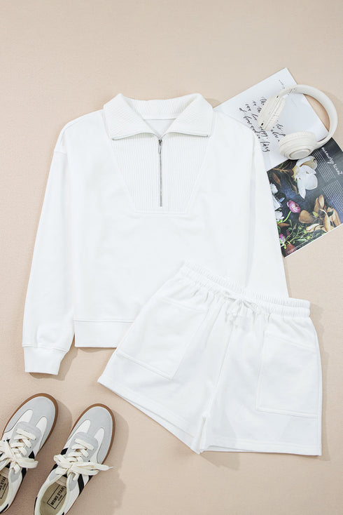 Ribbed Collar Drop Shoulder Solid Pullover Short Sets