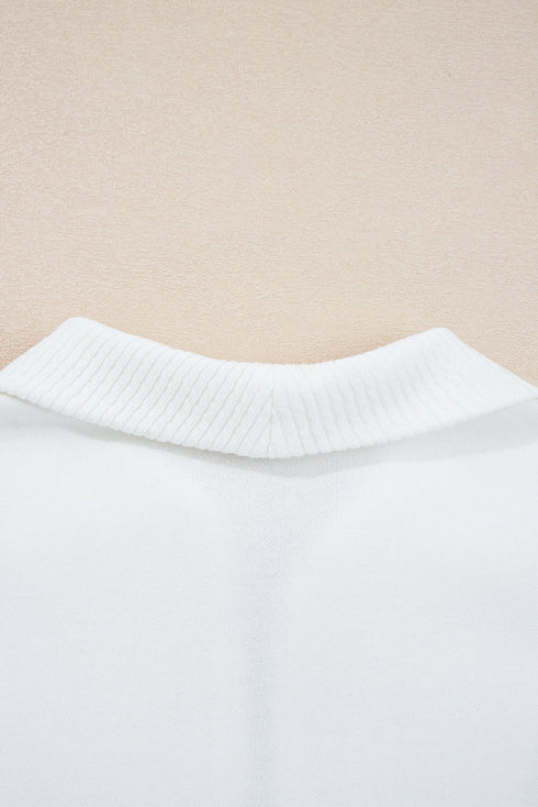 Ribbed Collar Drop Shoulder Solid Pullover Short Sets
