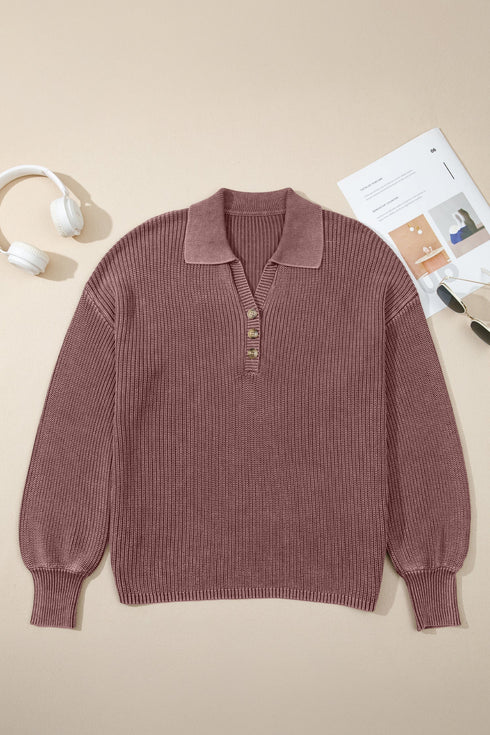 Ribbed Collared Button Placket Long Sleeve Sweater