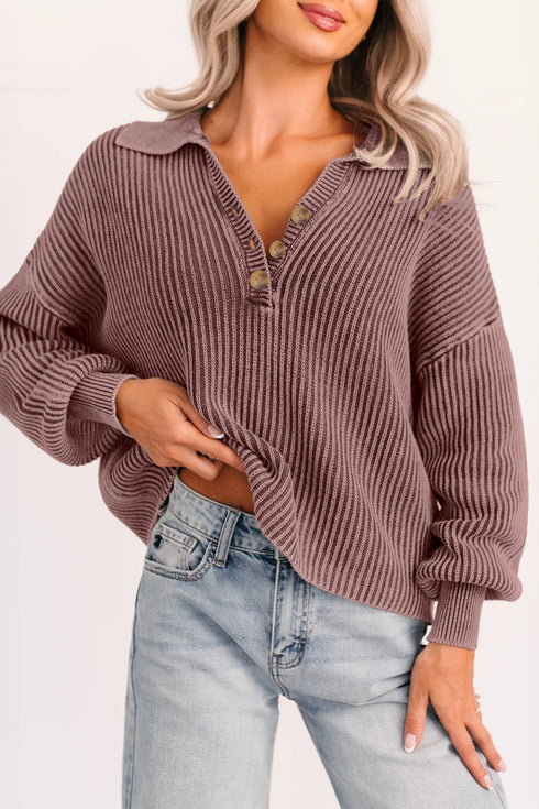 Ribbed Collared Button Placket Long Sleeve Sweater