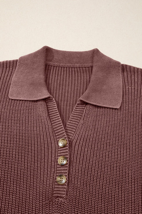 Ribbed Collared Button Placket Long Sleeve Sweater