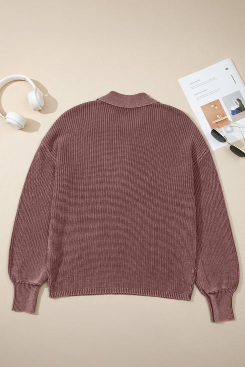 Ribbed Collared Button Placket Long Sleeve Sweater