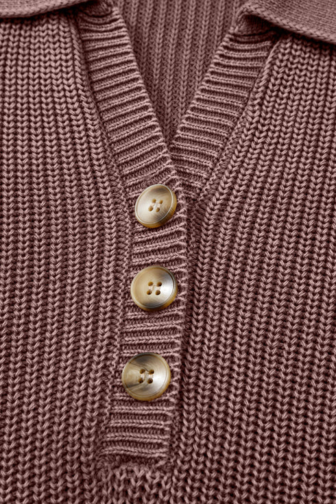 Ribbed Collared Button Placket Long Sleeve Sweater