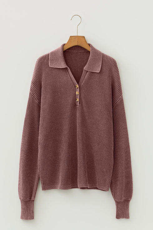 Ribbed Collared Button Placket Long Sleeve Sweater