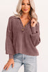 Ribbed Collared Button Placket Long Sleeve Sweater