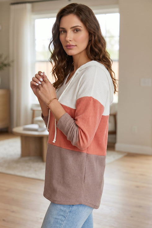 Ribbed Corded Hooded Casual Long Sleeve Pullover Top