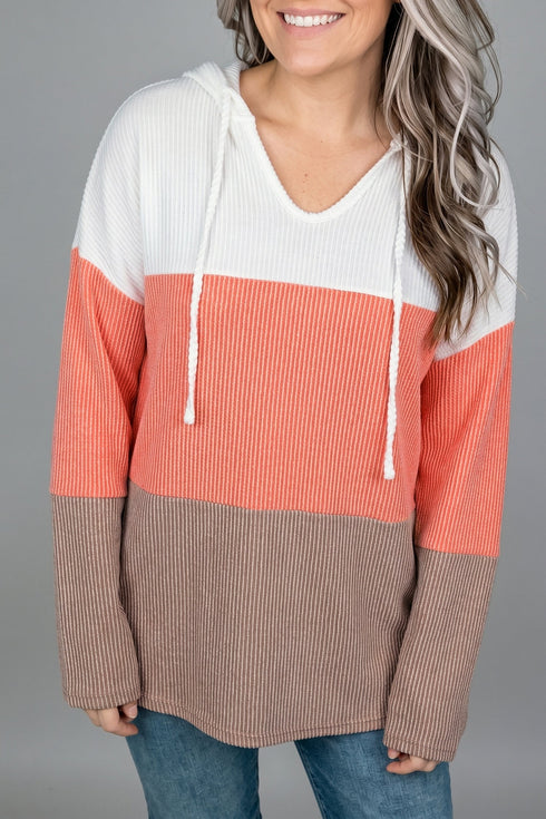 Ribbed Corded Hooded Casual Long Sleeve Pullover Top