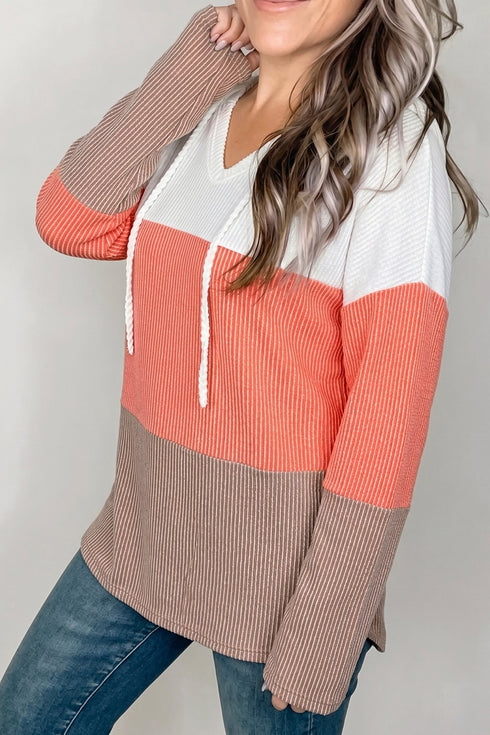 Ribbed Corded Hooded Casual Long Sleeve Pullover Top