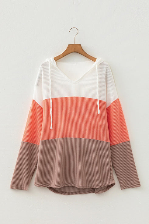 Ribbed Corded Hooded Casual Long Sleeve Pullover Top