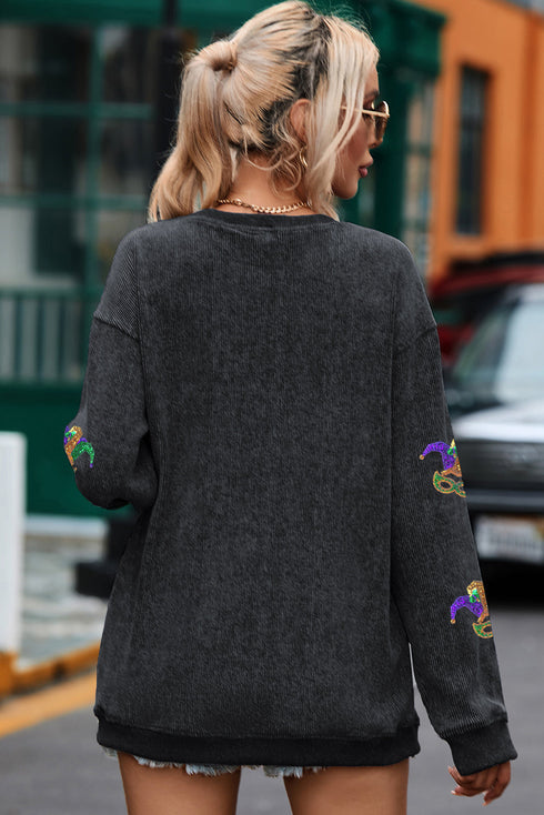 Ribbed Corduroy Mask Graphic Drop Shoulder Pullover Sweatshirt