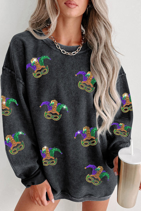 Ribbed Corduroy Mask Graphic Drop Shoulder Pullover Sweatshirt