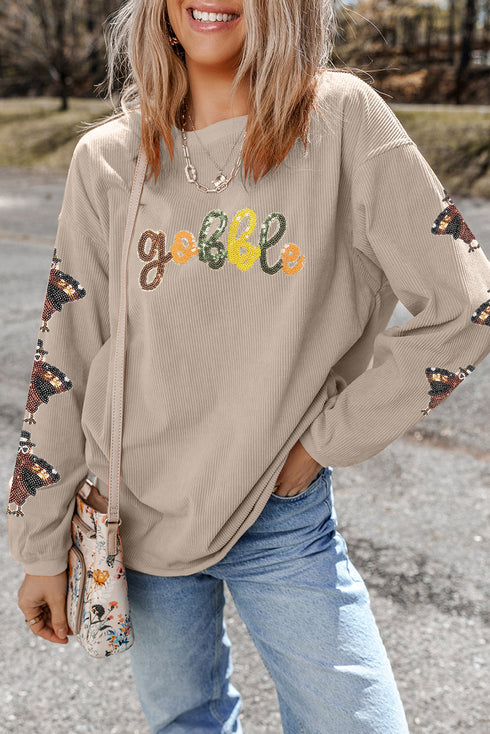 Ribbed Corduroy Sequin Graphic Oversized Pullover Sweatshirt
