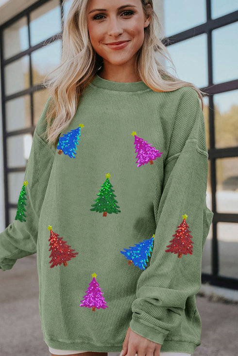 Ribbed Corduroy Sequin Tree Oversized Pullover Sweatshirt
