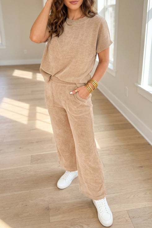 Ribbed Corduroy Short Sleeve Relaxed Fit Pant Set