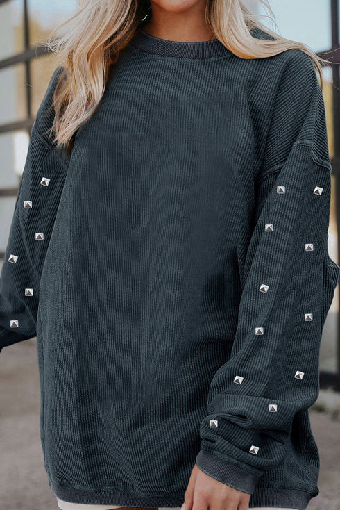 Ribbed Corduroy Studded Sleeve Oversized Pullover Sweatshirt