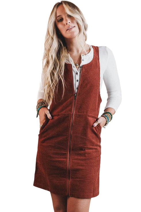 Ribbed Corduroy Zip Front Pocket Sleeveless Sheath Mini Dress