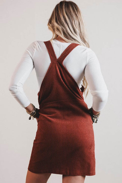 Ribbed Corduroy Zip Front Pocket Sleeveless Sheath Mini Dress