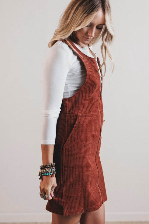 Ribbed Corduroy Zip Front Pocket Sleeveless Sheath Mini Dress