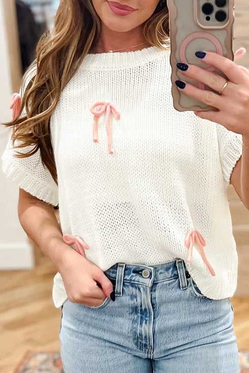 Ribbed Crew Neck Bow Detail Short Sleeve Sweater