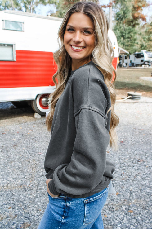 Ribbed Cuff Round Neck Long Sleeve Loose Sweatshirt