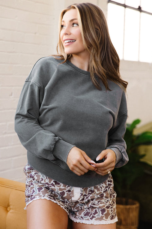 Ribbed Cuff Round Neck Long Sleeve Loose Sweatshirt