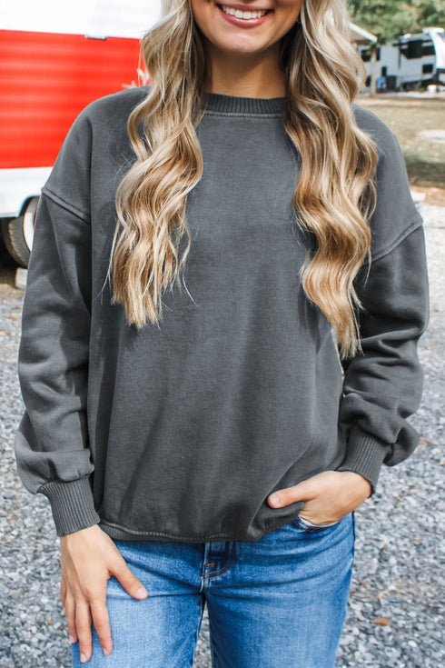 Ribbed Cuff Round Neck Long Sleeve Loose Sweatshirt