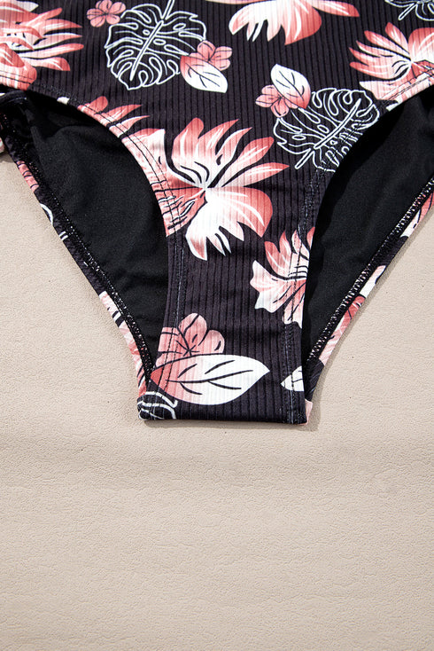 Ribbed Double Strap Tropical High Waist Bikini Set