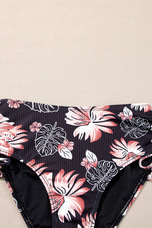 Ribbed Double Strap Tropical High Waist Bikini Set