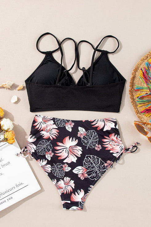 Ribbed Double Strap Tropical High Waist Bikini Set