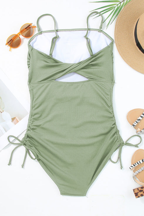 Ribbed Drawstring Sides Cutout One Piece Swimsuit