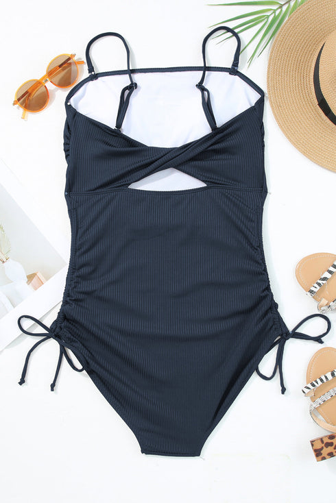 Ribbed Drawstring Sides Cutout One Piece Swimsuit