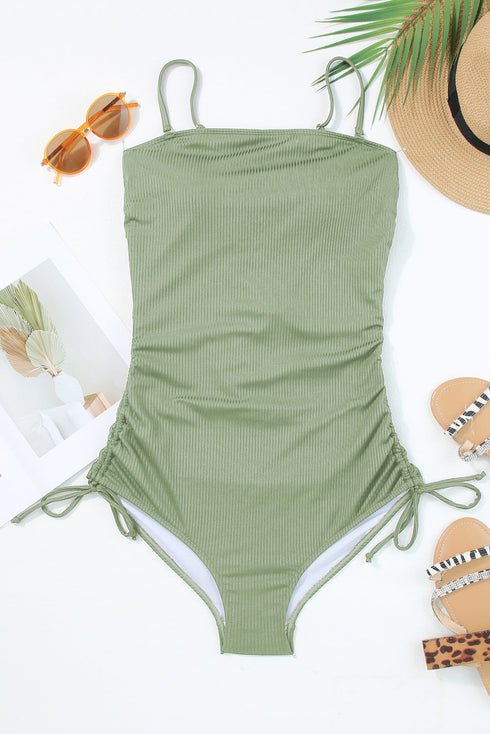 Ribbed Drawstring Sides Cutout One Piece Swimsuit