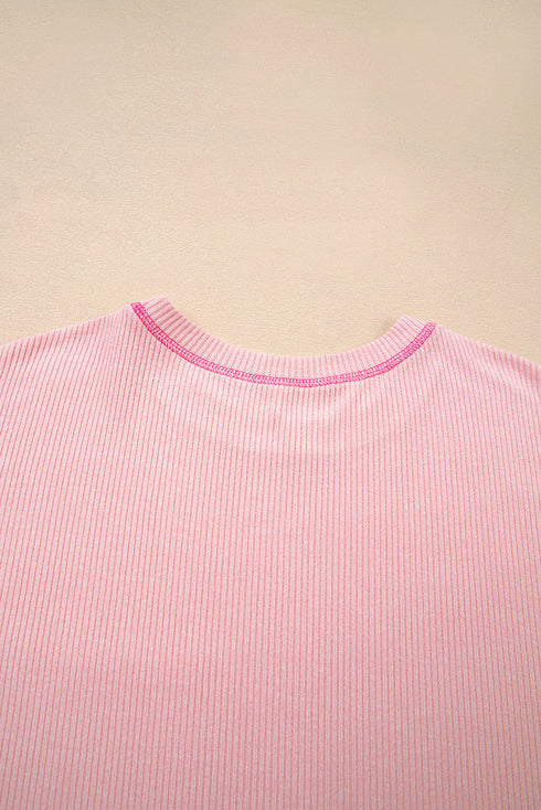 Ribbed Exposed Seam Chest Pocket Corded Long Sleeve Top