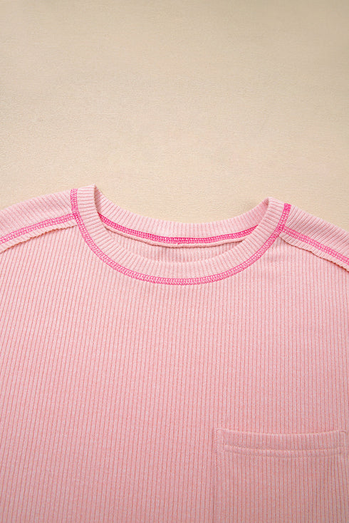 Ribbed Exposed Seam Chest Pocket Corded Long Sleeve Top